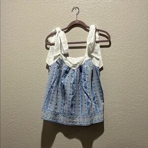 Ann Taylor Loft blouse with‎ bows at shoulders. Blue white Sz S summer TC0826